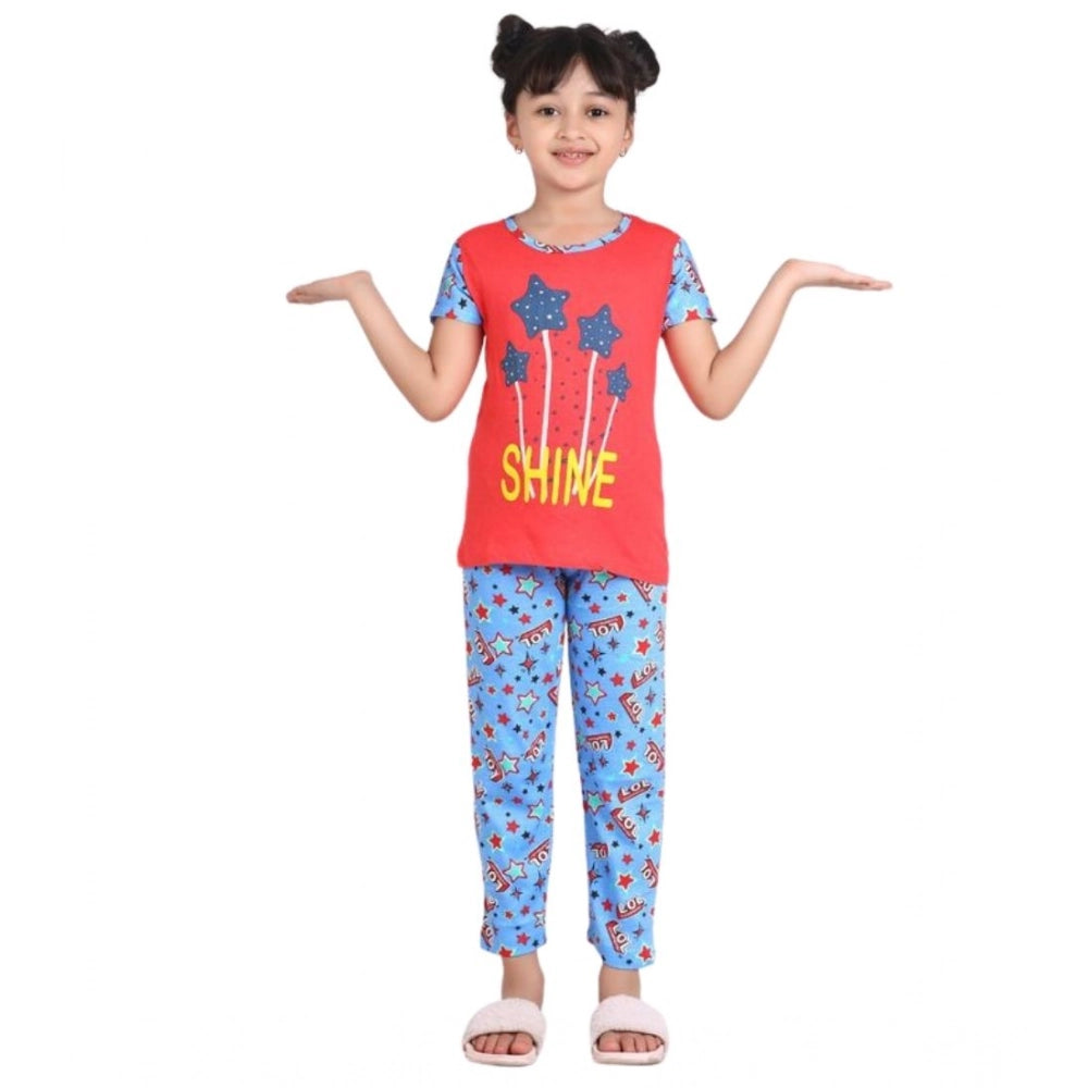 Girl's Cotton Hosiery Printed Night Suit Set - Red-Blue