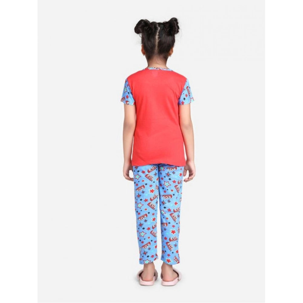 Girl's Cotton Hosiery Printed Night Suit Set - Red-Blue