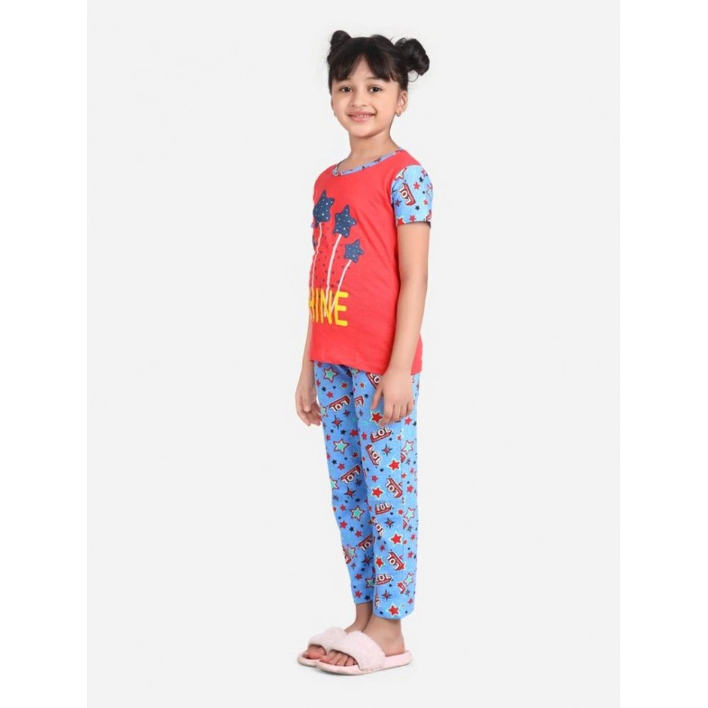 Girl's Cotton Hosiery Printed Night Suit Set - Red-Blue