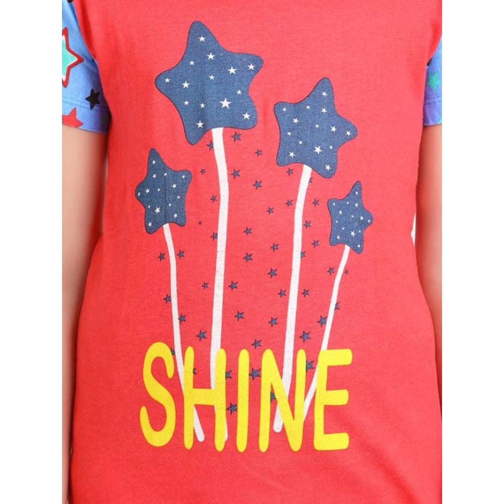 Girl's Cotton Hosiery Printed Night Suit Set - Red-Blue