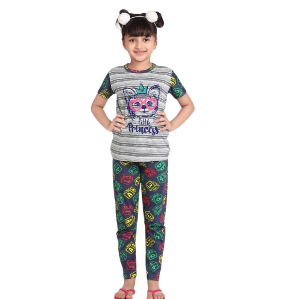 Girl's Cotton Hosiery Printed Night Suit Set - Grey-Green