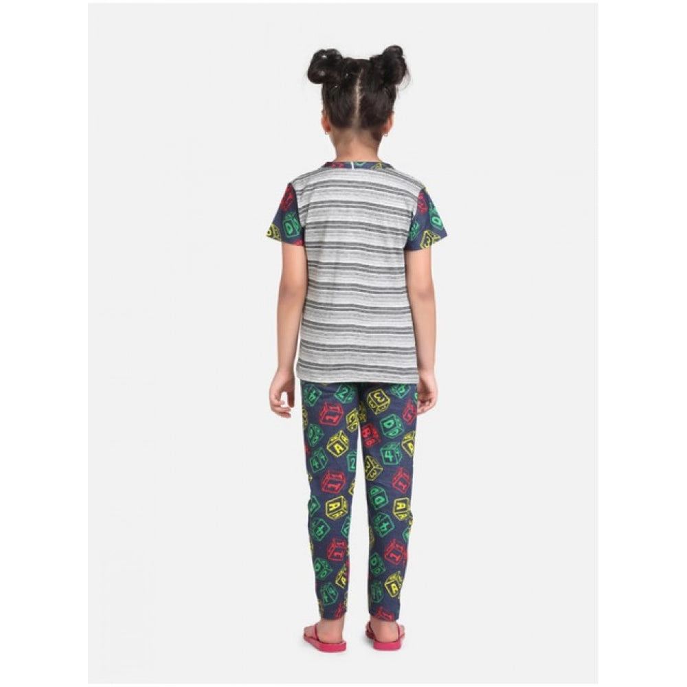 Girl's Cotton Hosiery Printed Night Suit Set - Grey-Green