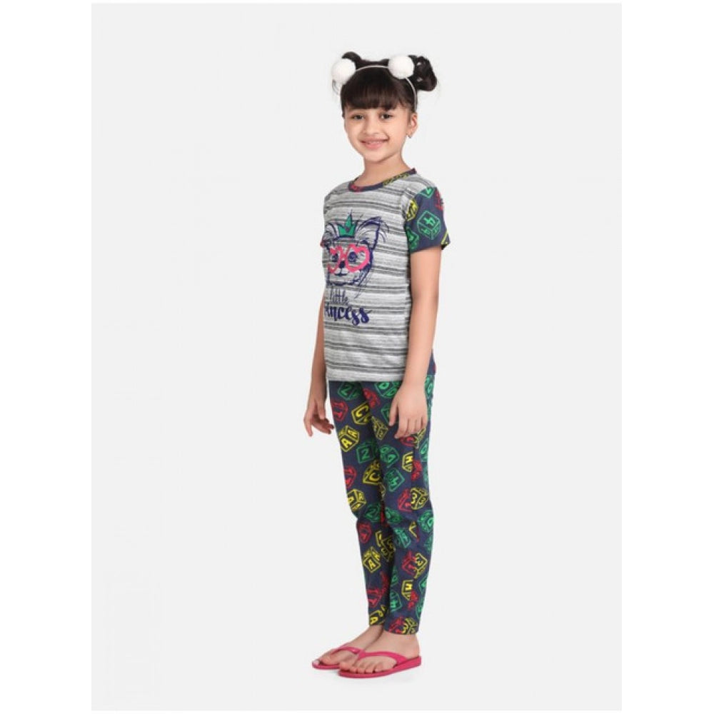 Girl's Cotton Hosiery Printed Night Suit Set - Grey-Green