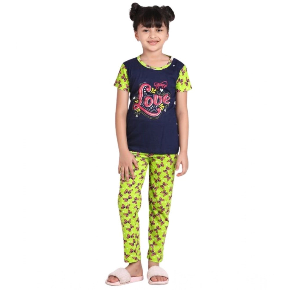 Girl's Cotton Hosiery Printed Night Suit Set - Navy-Green