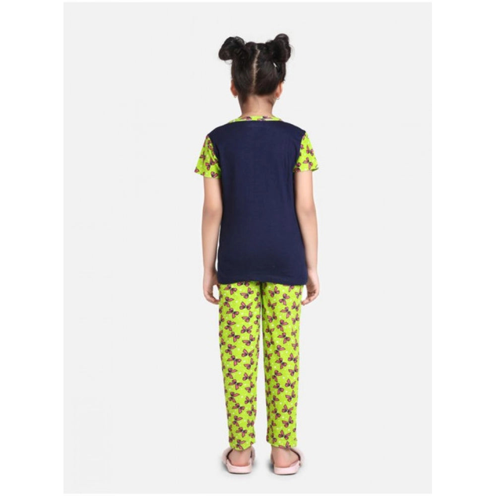 Girl's Cotton Hosiery Printed Night Suit Set - Navy-Green