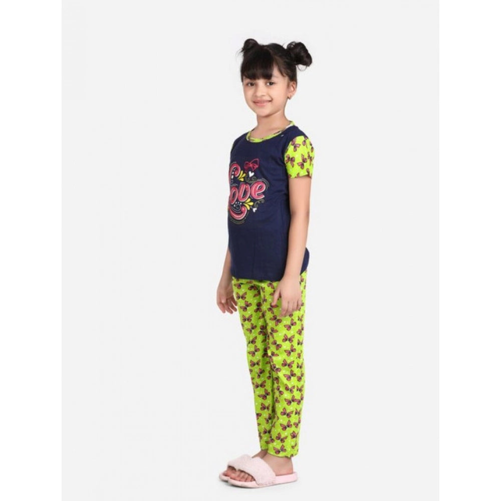 Girl's Cotton Hosiery Printed Night Suit Set - Navy-Green