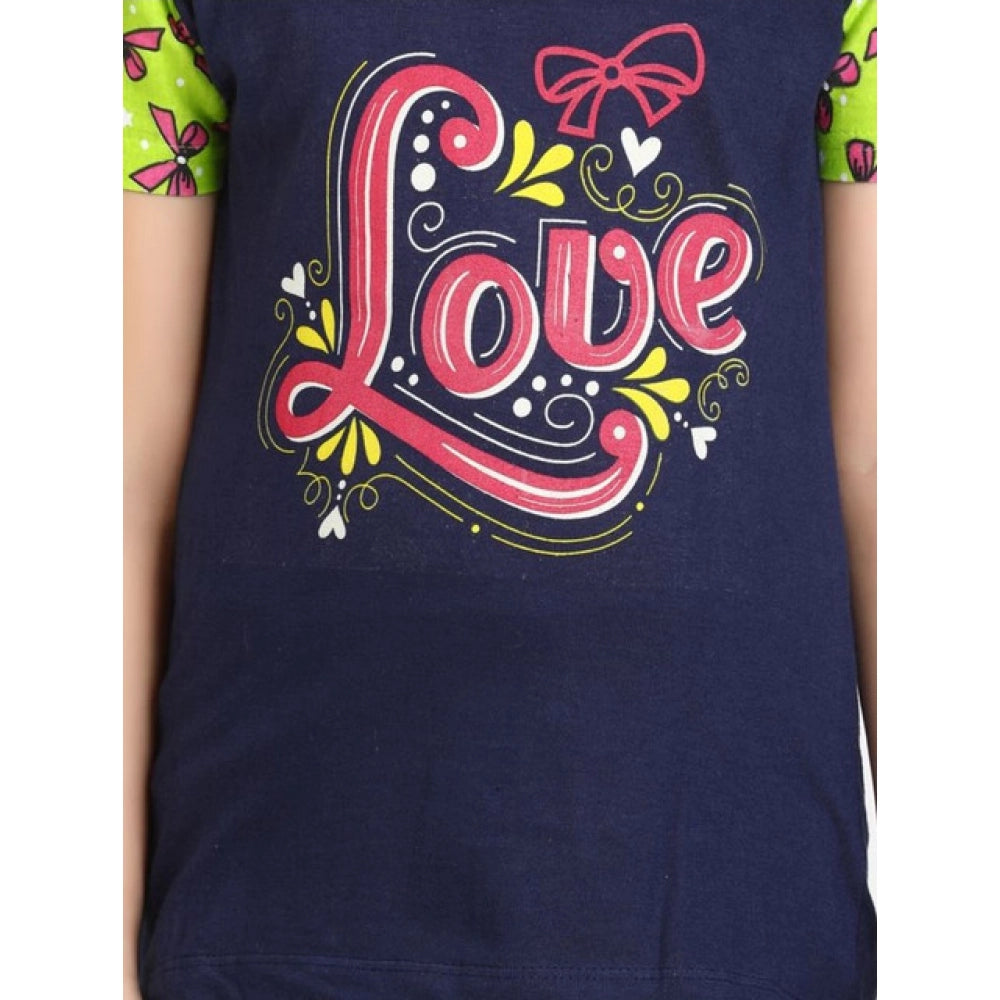 Girl's Cotton Hosiery Printed Night Suit Set - Navy-Green