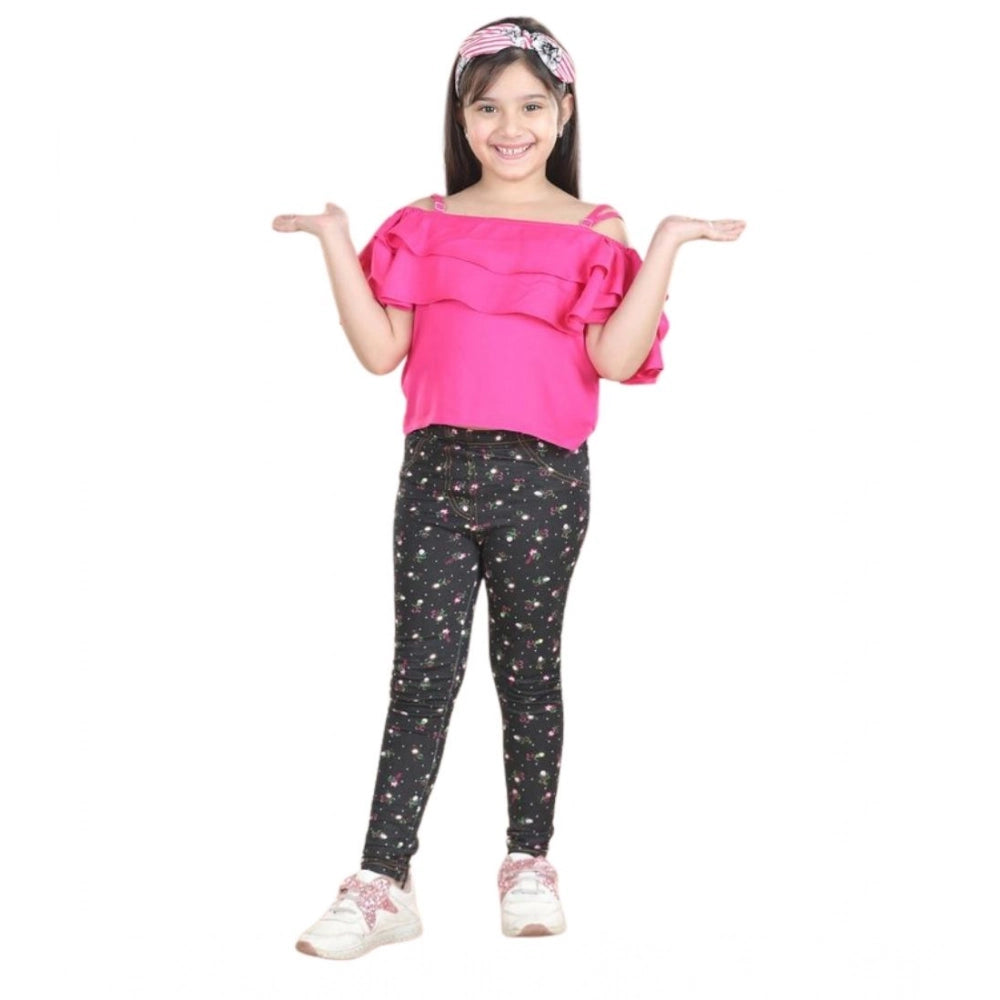 Girl's Cotton Floral Elasticated Jegging and Top Set - Pink