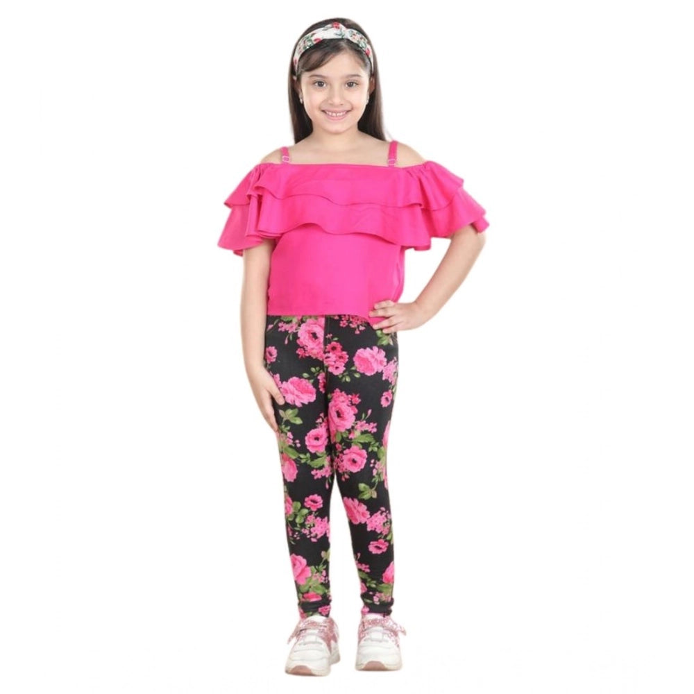 Girl's Cotton Floral Elasticated Jegging and Top Set - Black-Pink