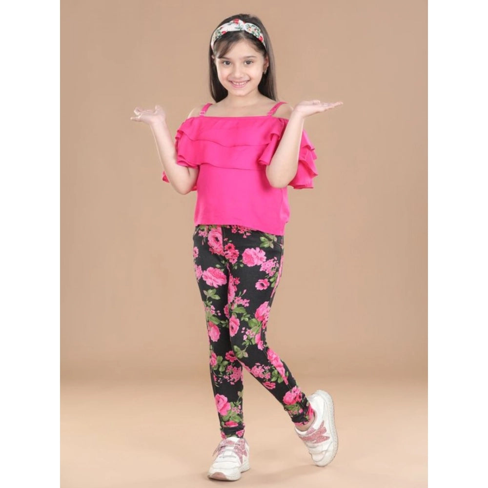 Girl's Cotton Floral Elasticated Jegging and Top Set - Black-Pink