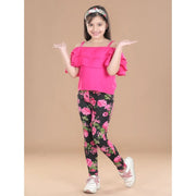 Girl's Cotton Floral Elasticated Jegging and Top Set - Black-Pink