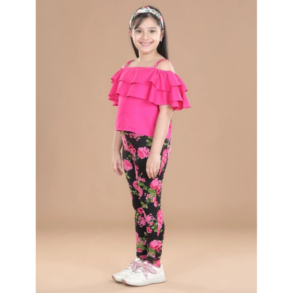 Girl's Cotton Floral Elasticated Jegging and Top Set - Black-Pink
