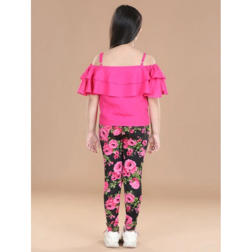 Girl's Cotton Floral Elasticated Jegging and Top Set - Black-Pink