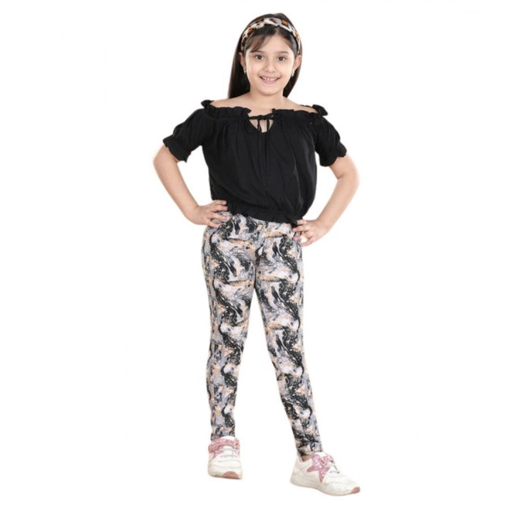 Girl's Cotton Floral Elasticated Jegging and Top Set - Black