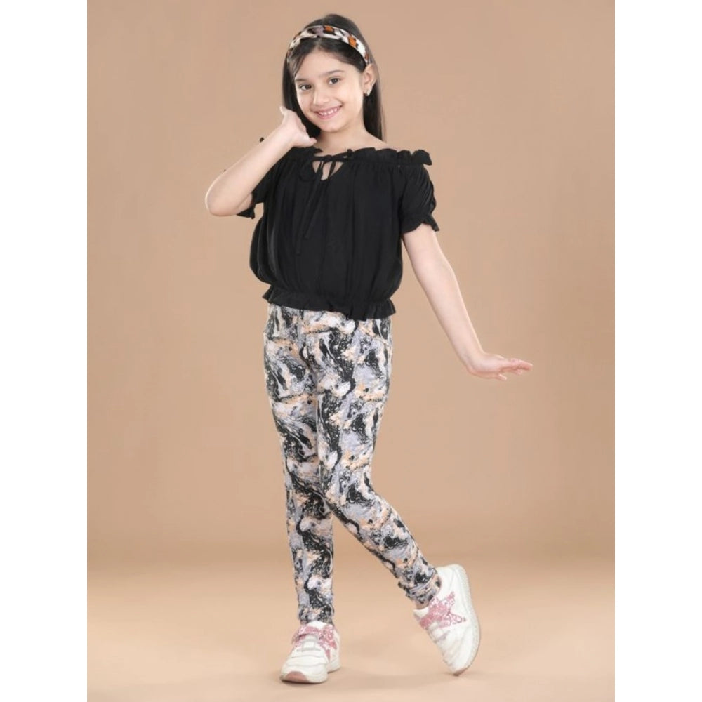 Girl's Cotton Floral Elasticated Jegging and Top Set - Black