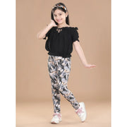 Girl's Cotton Floral Elasticated Jegging and Top Set - Black