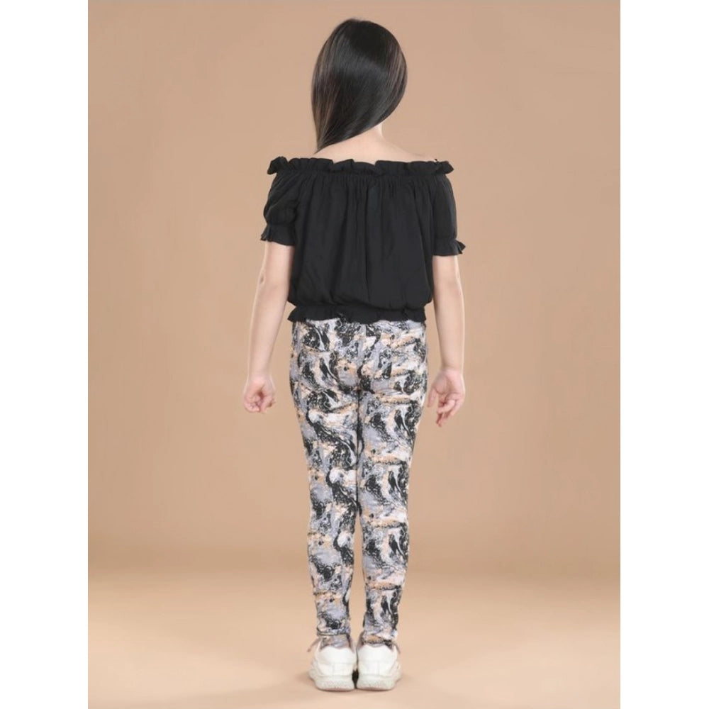 Girl's Cotton Floral Elasticated Jegging and Top Set - Black