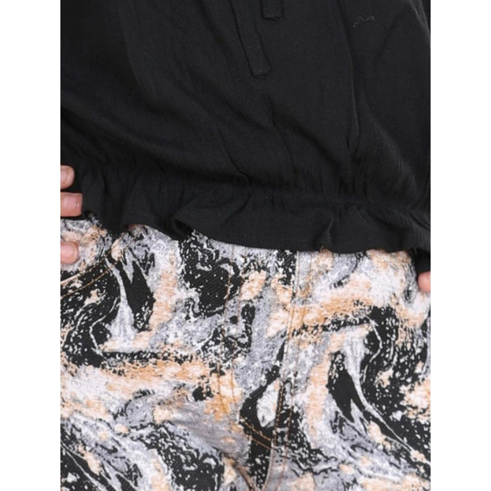 Girl's Cotton Floral Elasticated Jegging and Top Set - Black