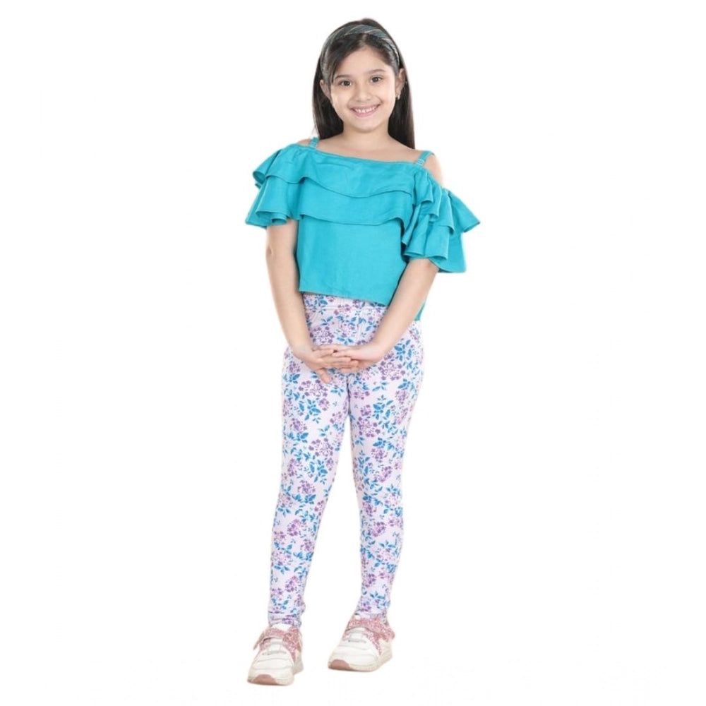 Girl's Cotton Floral Elasticated Jegging and Top Set - Turquoise Blue
