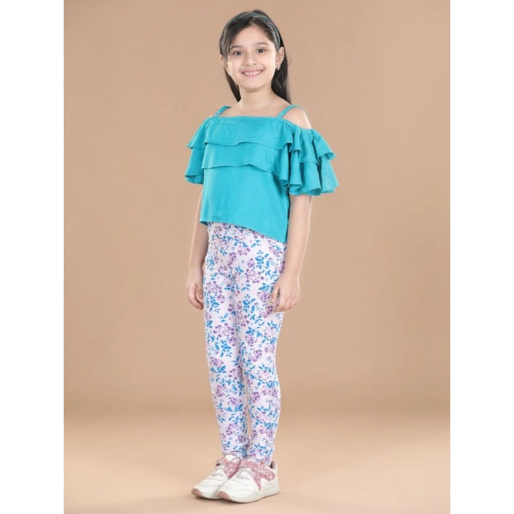 Girl's Cotton Floral Elasticated Jegging and Top Set - Turquoise Blue