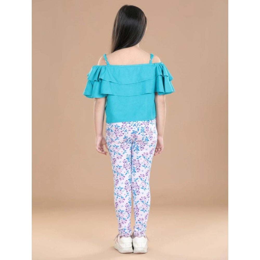 Girl's Cotton Floral Elasticated Jegging and Top Set - Turquoise Blue