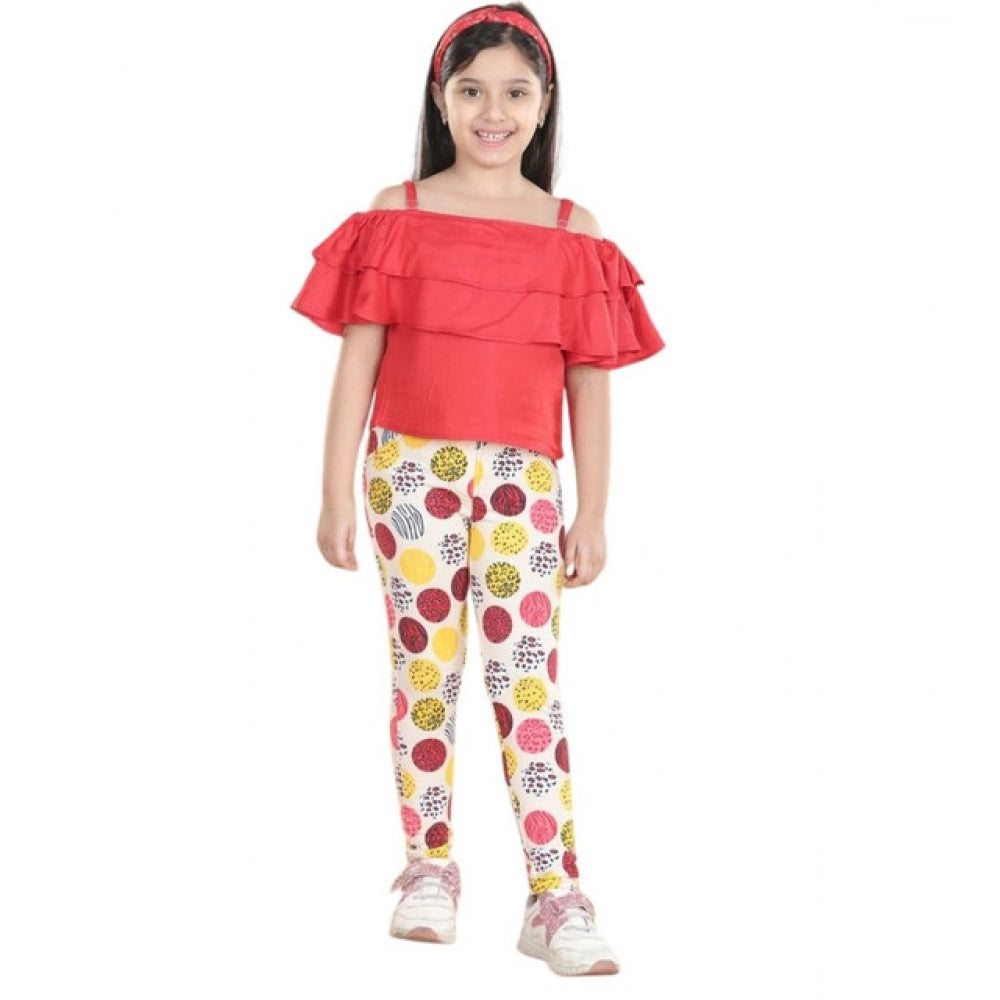 Girl's Cotton Floral Elasticated Jegging and Top Set - Red