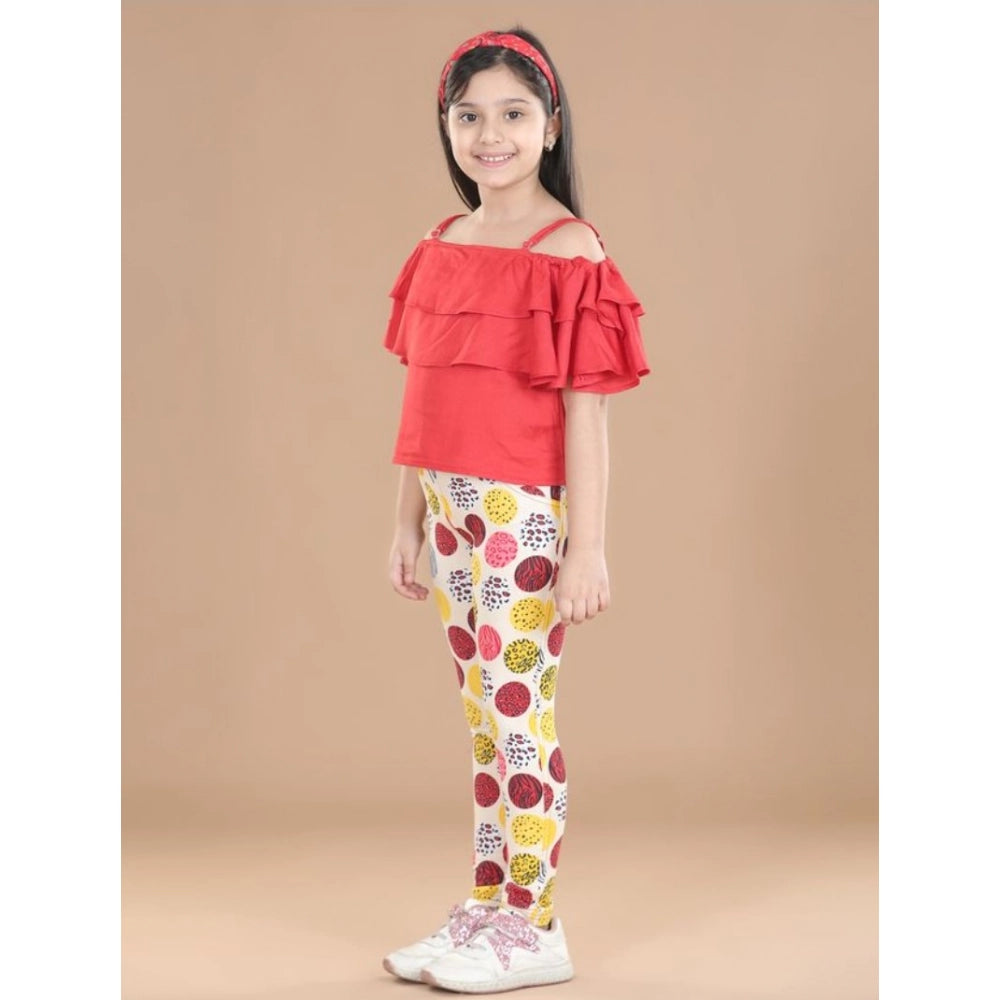 Girl's Cotton Floral Elasticated Jegging and Top Set - Red
