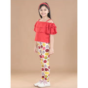 Girl's Cotton Floral Elasticated Jegging and Top Set - Red
