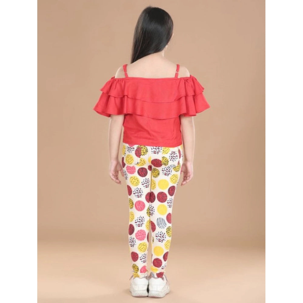 Girl's Cotton Floral Elasticated Jegging and Top Set - Red