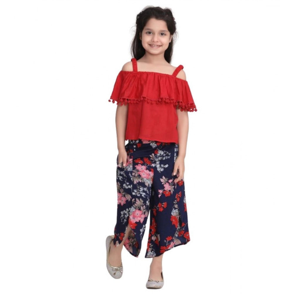 Girl's Rayon Crepe Printed Cold Shoulder Top and Pants Set - Red-Navy
