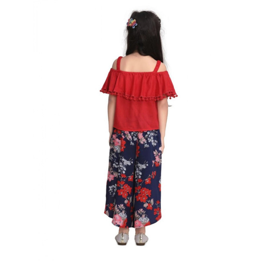 Girl's Rayon Crepe Printed Cold Shoulder Top and Pants Set - Red-Navy
