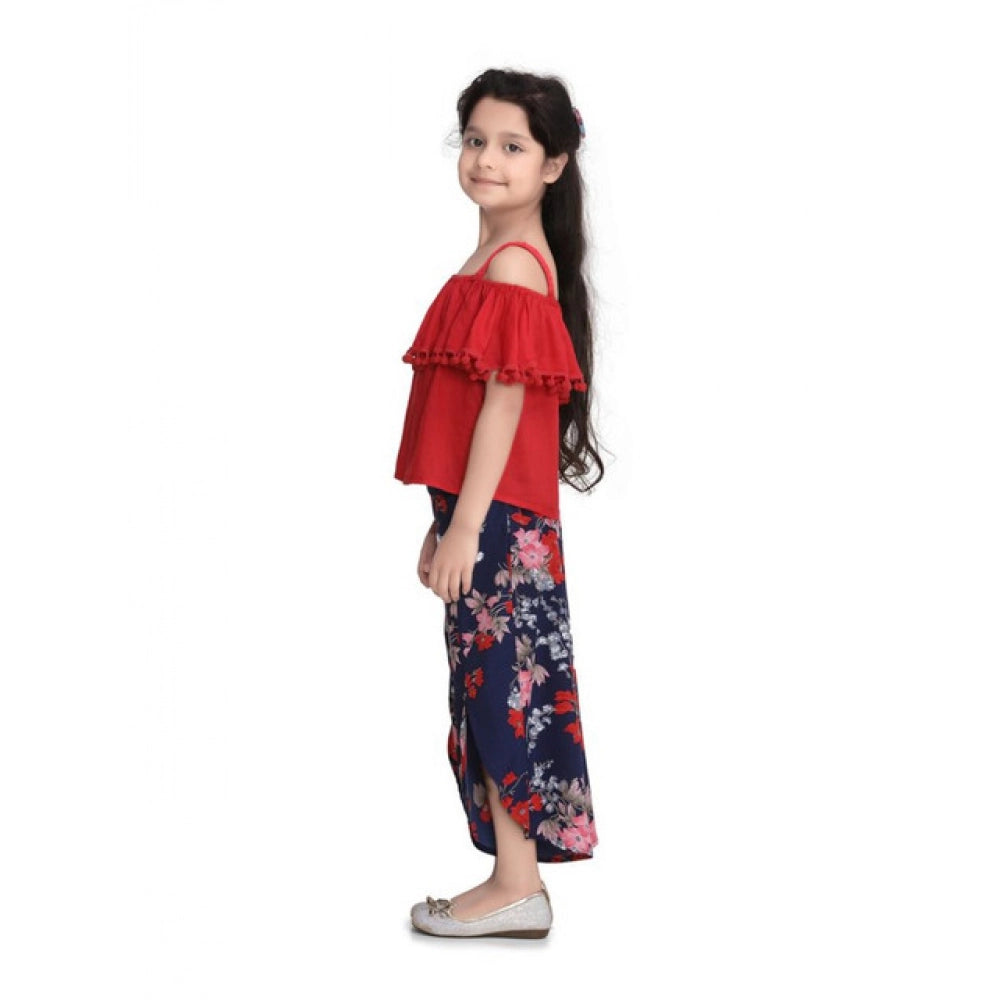 Girl's Rayon Crepe Printed Cold Shoulder Top and Pants Set - Red-Navy