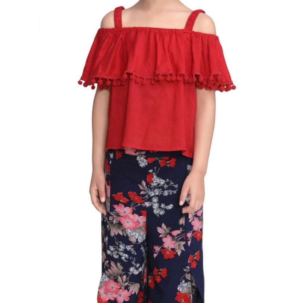 Girl's Rayon Crepe Printed Cold Shoulder Top and Pants Set - Red-Navy