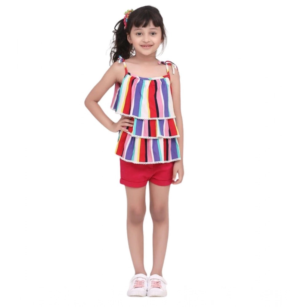 Girl's Polyester Crepe Striped Tie Ups Shorts Set - Multicolor