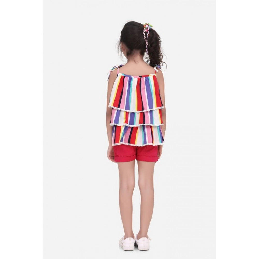 Girl's Polyester Crepe Striped Tie Ups Shorts Set - Multicolor