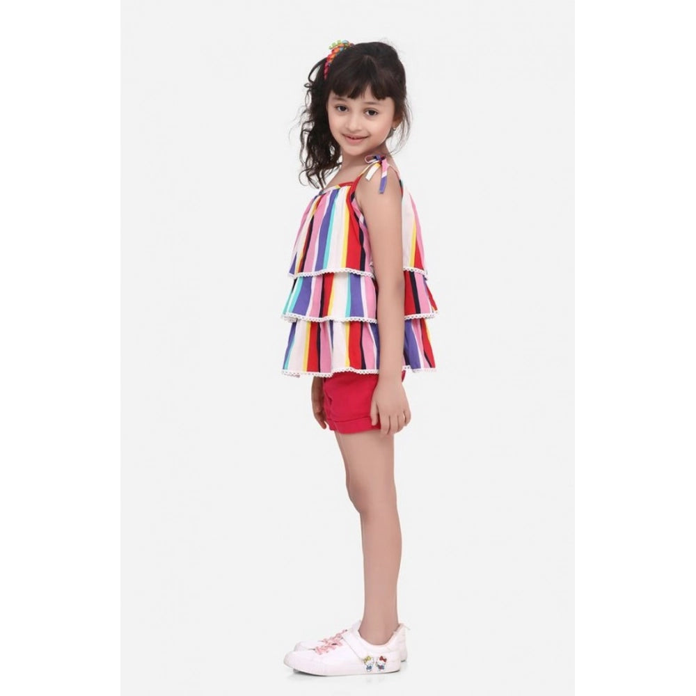 Girl's Polyester Crepe Striped Tie Ups Shorts Set - Multicolor