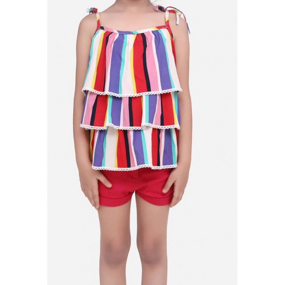 Girl's Polyester Crepe Striped Tie Ups Shorts Set - Multicolor