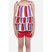 Girl's Polyester Crepe Striped Tie Ups Shorts Set - Multicolor