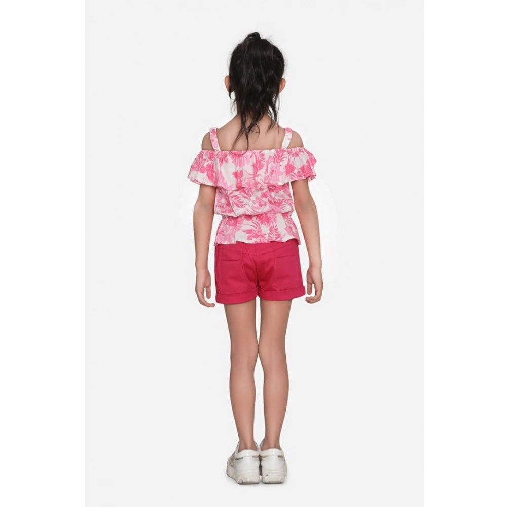 Girl's Cotton Floral Cold Shoulder Top and Shorts Set - Pink-Red