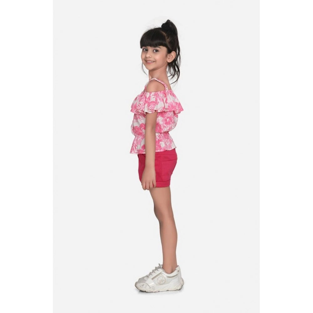 Girl's Cotton Floral Cold Shoulder Top and Shorts Set - Pink-Red