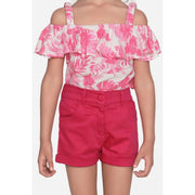 Girl's Cotton Floral Cold Shoulder Top and Shorts Set - Pink-Red