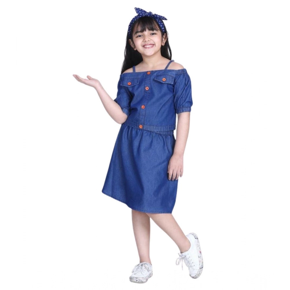 Girl's Denim Solid Cold Shoulder Top and Skirt Set - Navy Blue