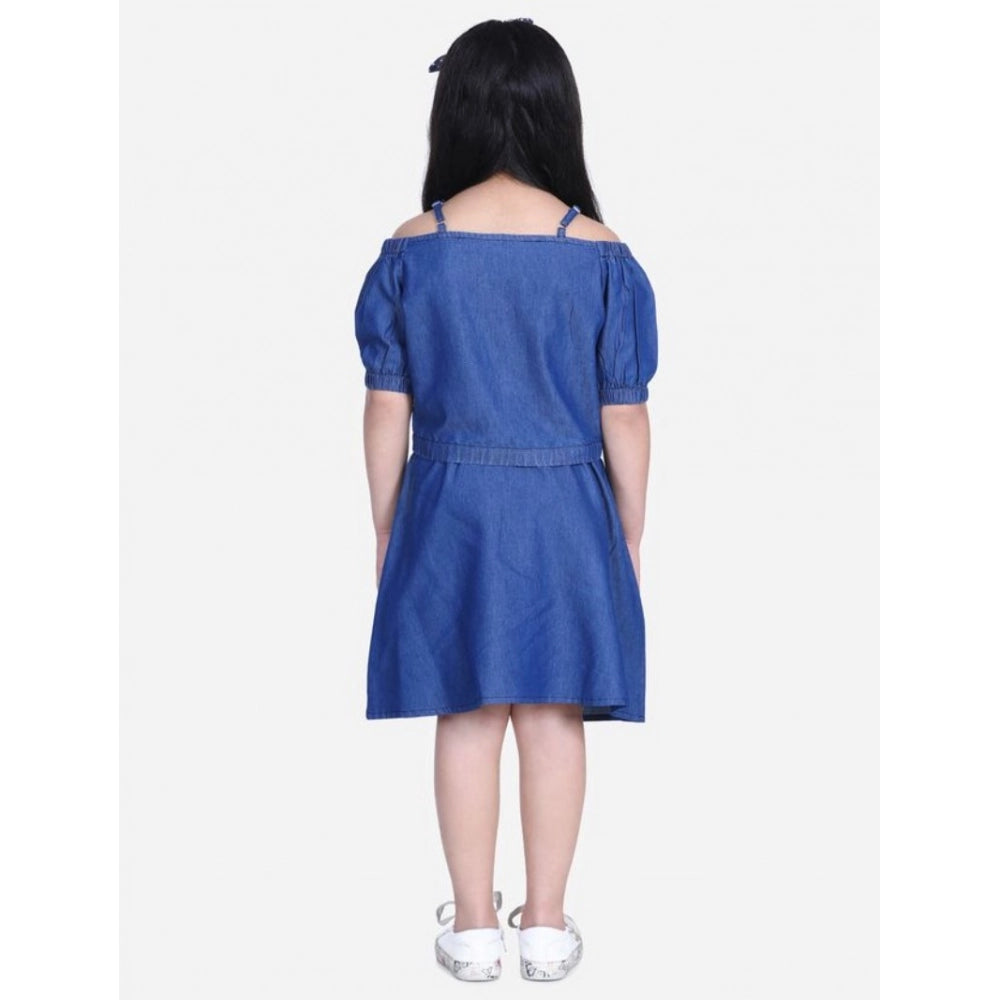 Girl's Denim Solid Cold Shoulder Top and Skirt Set - Navy Blue