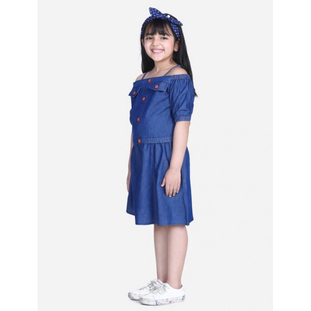 Girl's Denim Solid Cold Shoulder Top and Skirt Set - Navy Blue