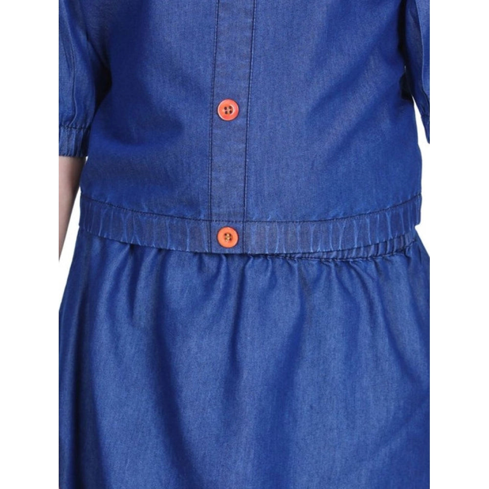 Girl's Denim Solid Cold Shoulder Top and Skirt Set - Navy Blue