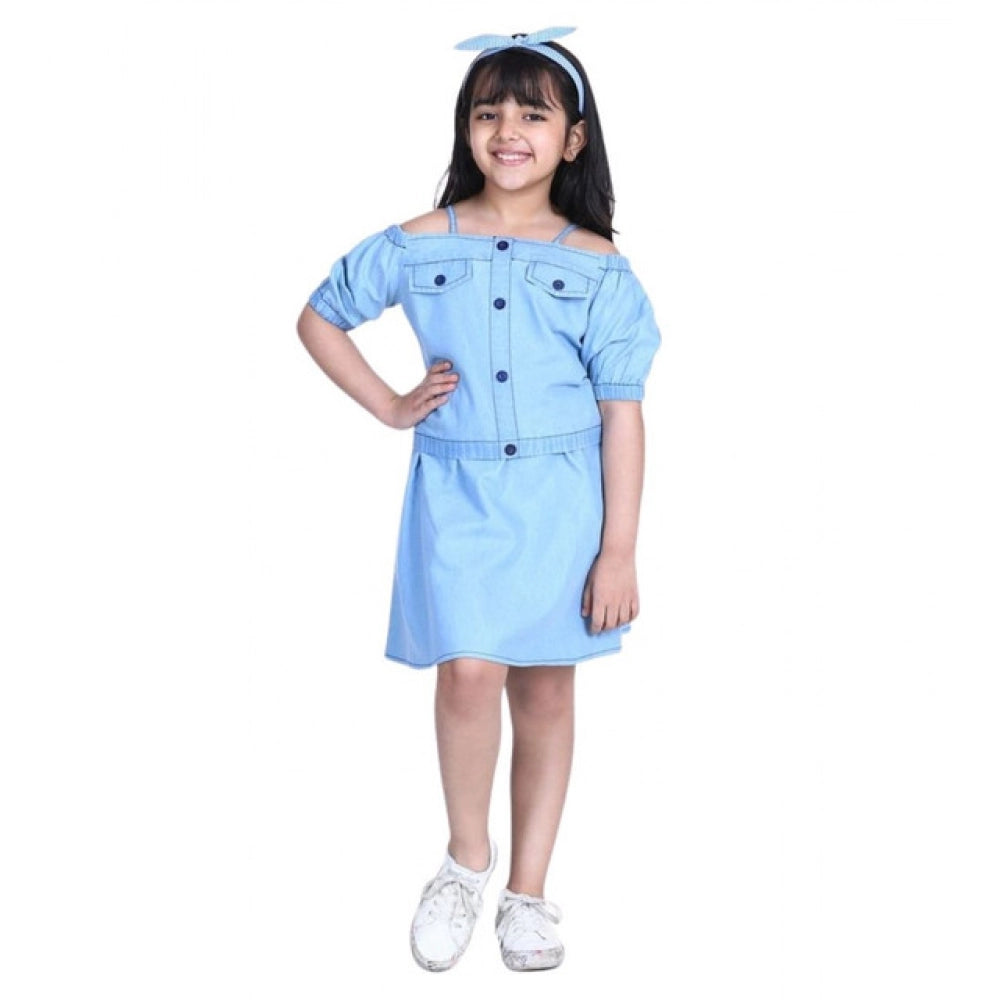 Girl's Denim Solid Cold Shoulder Top and Skirt Set - Light Blue