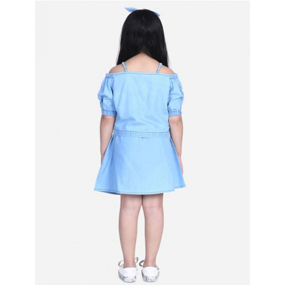 Girl's Denim Solid Cold Shoulder Top and Skirt Set - Light Blue
