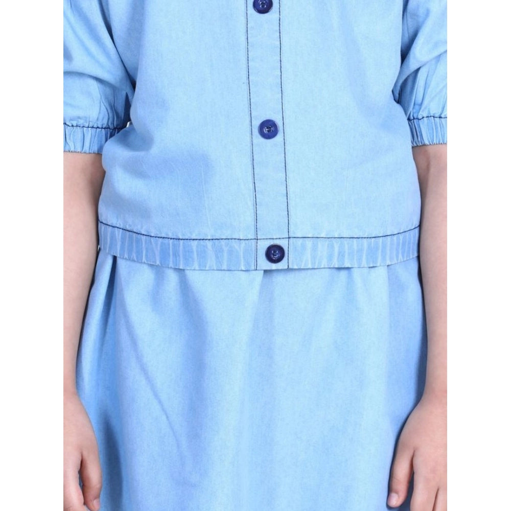 Girl's Denim Solid Cold Shoulder Top and Skirt Set - Light Blue