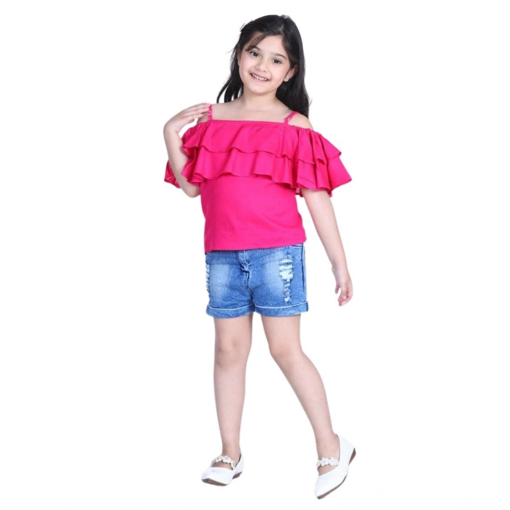 Girl's Rayon Solid Cold Shoulder Top with Shorts - Pink-Blue