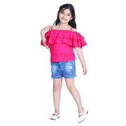 Girl's Rayon Solid Cold Shoulder Top with Shorts - Pink-Blue
